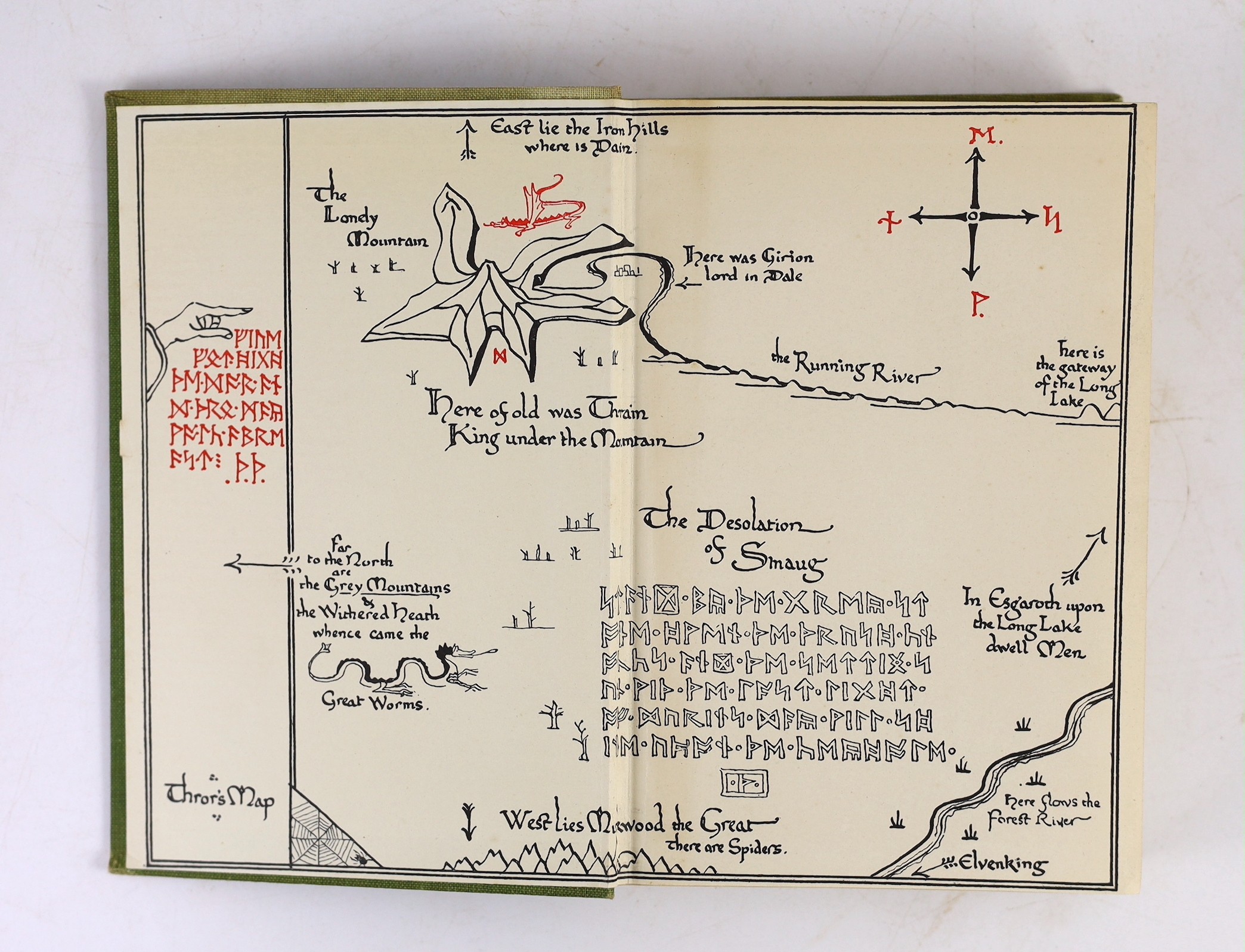 Tolkien, J.R.R. - The Hobbit or There and Back Again. Illustrated by the Author. 2nd edition, sixth impression. coloured frontis and 8 text illus. (7 full page), coloured maps on e/ps., half title; publisher's green clot